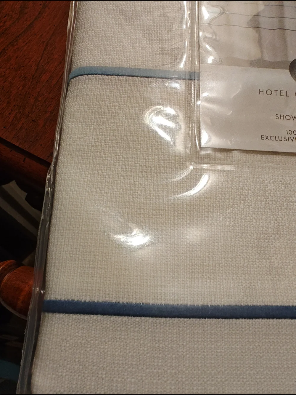 Hotel Collection White Shower Curtain with Light Blue Stripe
